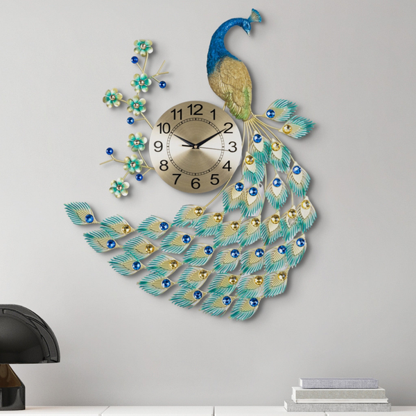 Large Peacock Wall Clock, Metal Peacock Clock, Boho Interior Decor, 3D Wall Decor with Crystals, 75 cm, Golden and Green Metal Wall Clock for Bohemian Chic Living Room or Bedroom, Modern Home or Office Decoration