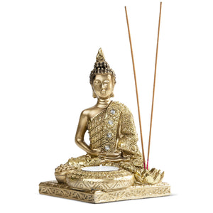 Golden Buddha Statue & Incense Holder, 6" Tabletop Decor by Sona Casa