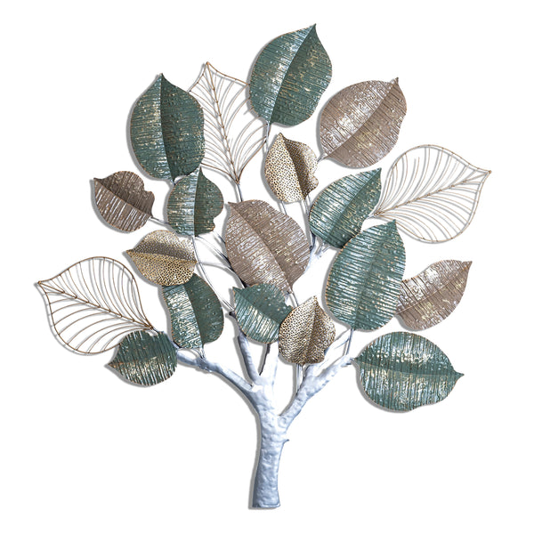 Green And Gold Tropical Metal Tree Artwork, Nature-Inspired Leaf Wall Decor For Master Bedroom