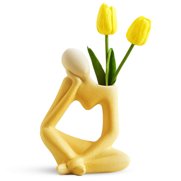 Abstract Ceramic Yellow Bud Vase With 1 Tulip Stem - Boho Minimalist Decor For Coffee & Entry Tables