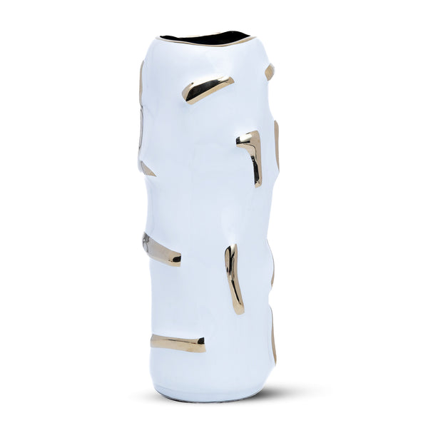 Elegant White Ceramic Vase With Golden Accents For Fresh & Faux Flowers - Bohemian Centerpiece