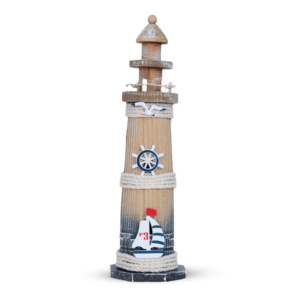 Rustic Brown Wood Miniature Lighthouse Model - Coastal Nautical Marine Desk Statue & Housewarming Gift