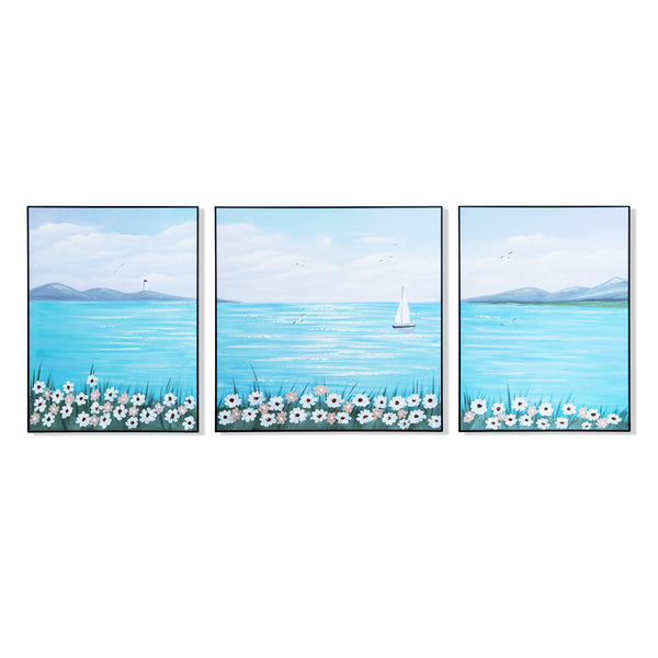 Handmade Blue Lake, Boat Canvas, 79" Wide Wall Art Painting Decor