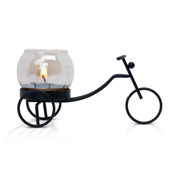 Vintage Iron Rickshaw Candle Holder With Glass Tealight - Black Metal Decor For Table Centerpiece