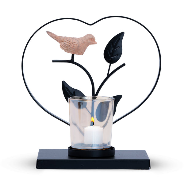 Black Metal Tealight Holder With Bird - Nature-Inspired Glass Decor For Tables