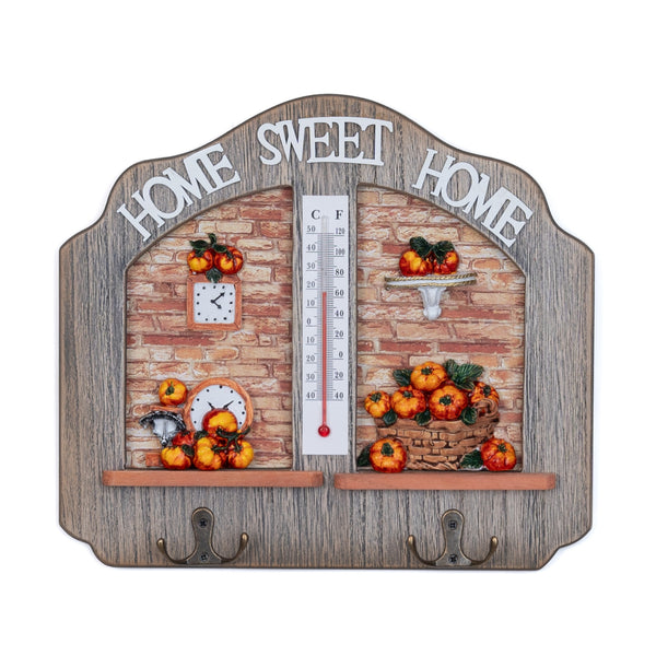 Wooden Home Sweet Home Entryway Key Holder With Thermometer & Pumpkin Design - Natural Color, Double Hooks for Organization