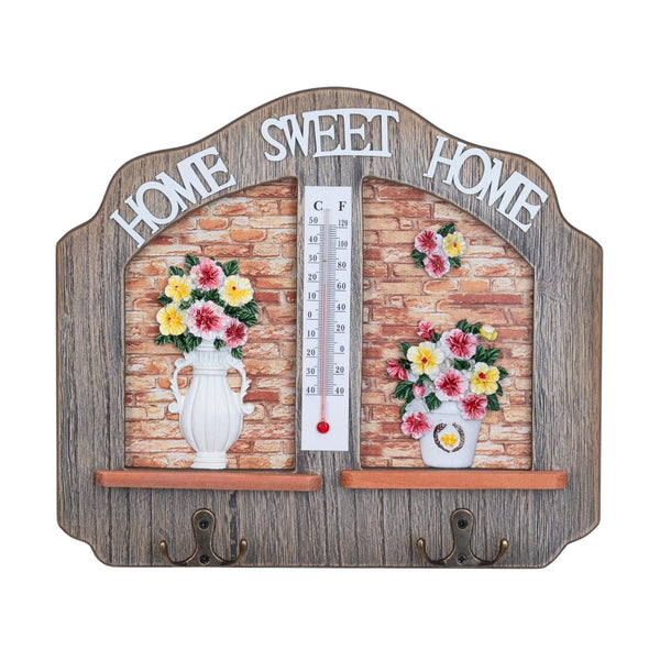Farmhouse Wooden Key Holder With Vase Design - HOME SWEET HOME Thermometer & Double Hooks, Beige by Accent Collection