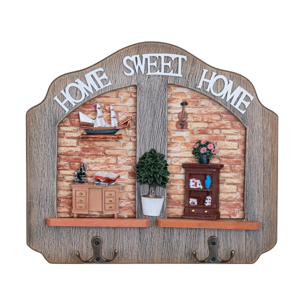 Rustic Wooden Key Holder For Wall With Thermometer - Home Sweet Home 2 Double Hooks, Entryway Farmhouse Decor
