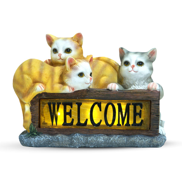 Cute Solar Cat Garden Statue With Lit Welcome Sign, 8" Outdoor Decor, Gift