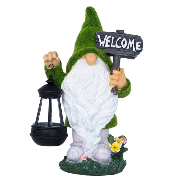 Welcome Gnome with Solar Powered Garden Lamp, Green White, Polyresin Lawn Gnome Statue, Patio Statue  13 inch 33 cm