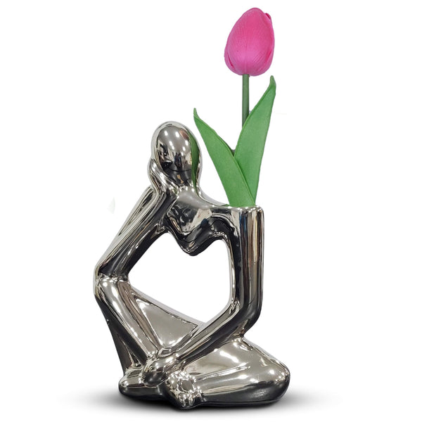 Silver Ceramic Chrome Bud Vase With Abstract Thinker Statue And 1 Tulip Stem - Boho Minimalistic Desk Decor