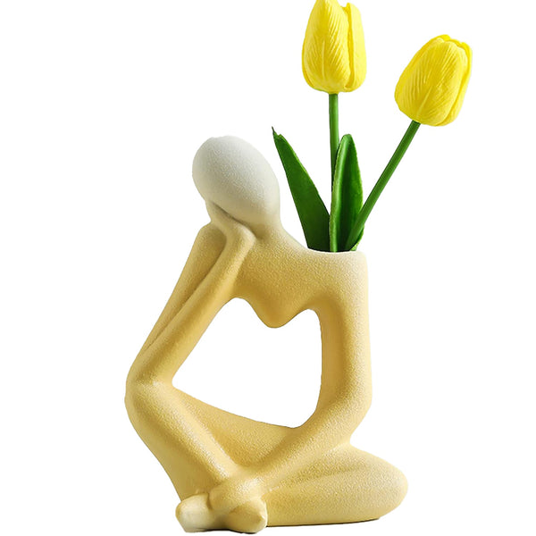 Abstract Ceramic Yellow Bud Vase With 1 Tulip Stem - Boho Minimalist Decor For Coffee & Entry Tables by Accent Collection