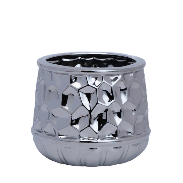 Silver Chrome Ceramic Vase – Geometrical Textured Design For Modern Home Decor, Perfect For Fresh, Dry, Or Fake Flowers