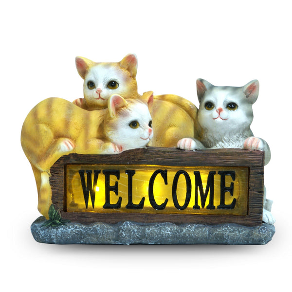 Welcome Cats Solar Statue, Three Kittens Solar Statue, Garden Statue, Outdoor Decor, Figurine Light, Patio Decor, Gift for Cat Lovers, Housewarming Gift, With Welcome Sign