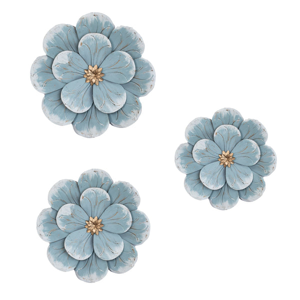 Boho Chic Blue & White Metal Flower Trio - Rustic Western Wall Art For Bedroom Elegance by Accent Collection