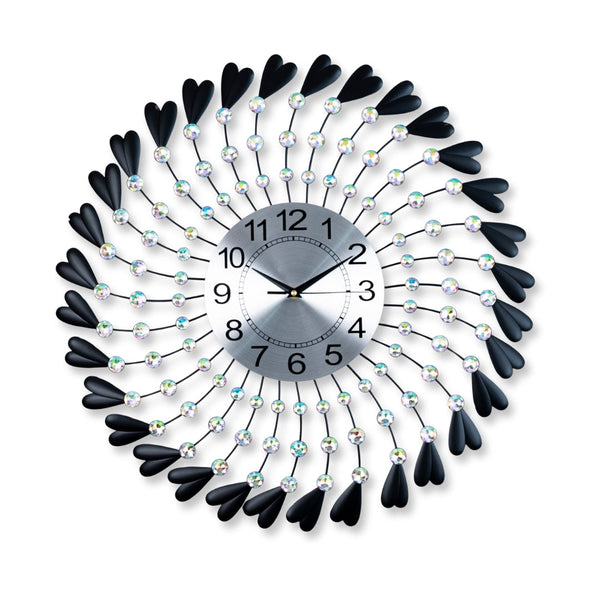 Large Luxury Black Metal Wall Clock With Silver Face & Crystal Hearts, 60cm Silent, Decorative For Living Room Or Office by Accent Collection