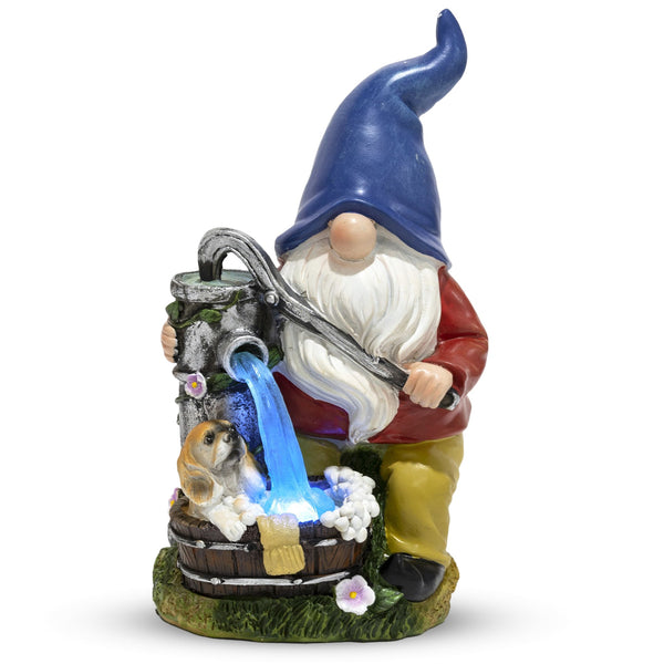 Blue Hat Bathing Dog Gnome With Pump - Resin Garden Statue With Solar LED Lights by Accent Collection