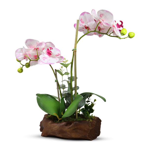 Lifelike Pink Orchid Faux Plant In Wooden-Like Resin Planter - Realistic Green Leaves & Flowers by Accent Collection