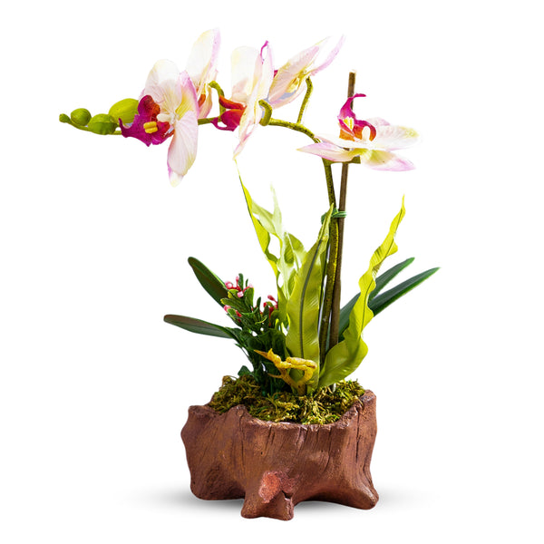 Realistic Faux Orchid In Brown Wood-Like Polyresin Planter For Elegant Home Decor