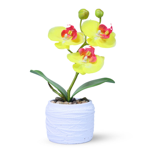 Yellow Orchid Fake Indoor Plant in White Cement Pot, Handmade Housewarming Gift 9 inch or 23 cm