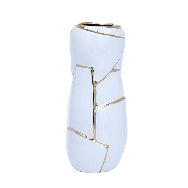 Abstract White Ceramic Golden Lines Vase - Elegant Table Centerpiece For Fresh & Faux Flowers by Accent Collection