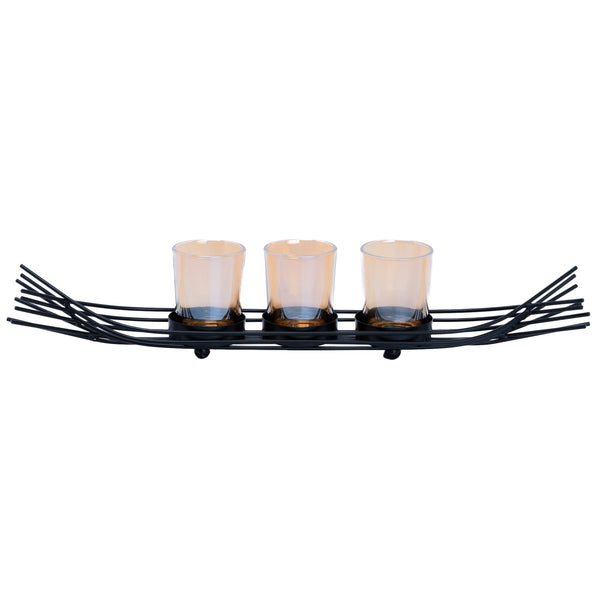 Abstract Black Metal Boat Tealight Candle Holder, 3 Glass Votives, Vintage Decor for Table, Fireplace