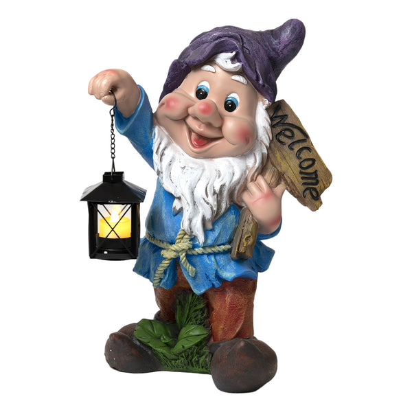 Welcome Gnome Statue with Metal Tealight Candle Holder, Outdoor Polyresin Gnome Lawn Garden Decor with Purple Hat, Large, 16 inch 40 cm