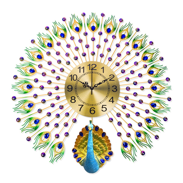 Peacock Metal Wall Clock, 28" Analog Silent Clock for Office