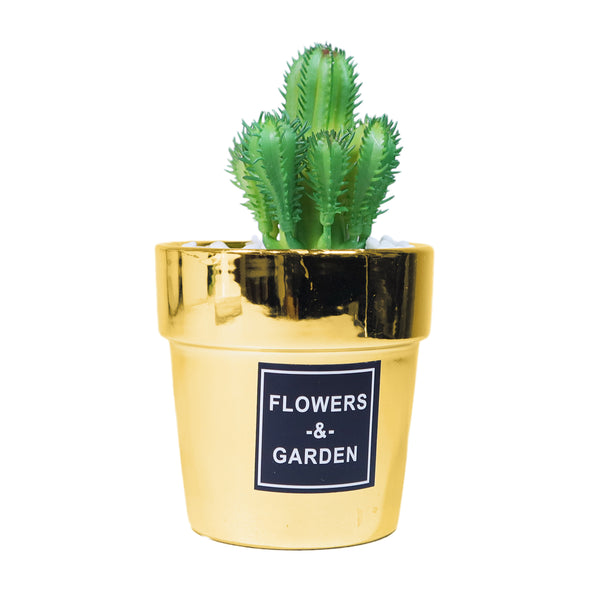 Mini Plant Pot with Cactus Faux Plant for Home or Office Decor Gold Decor Gifts 6 inch, 14 cm