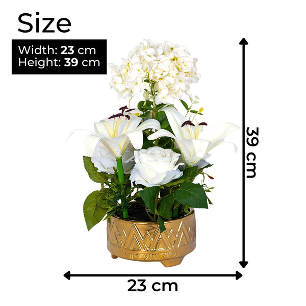 Faux Plant, Fake Lilies and Rose in Golden Ceramic Planter, Artificial White Flowers, Tabletop Decor for Home or Office, Housewarming Gift Idea