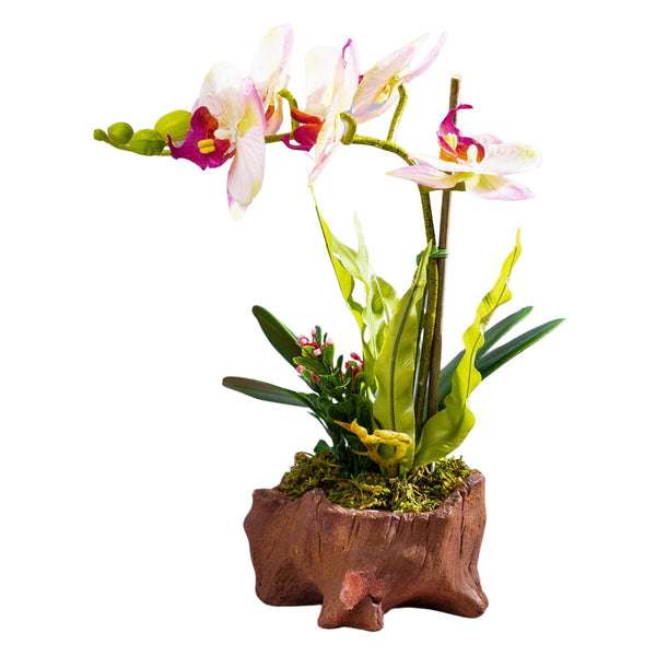 Faux Orchid, Lifelike Visuals, Realistic Texture, in Wood Log Like Planter, Indoor Fake Plant for Tabletop, Unique Gift Idea for Mom
