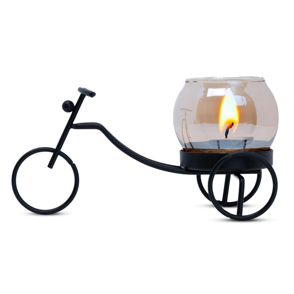 Vintage Iron Rickshaw Candle Holder With Glass Tealight - Black Metal Decor For Table Centerpiece by Accent Collection