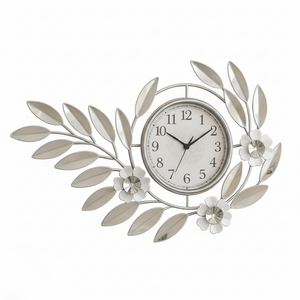 Large Silver Metal Wall Clock, Modern Floral Quartz Decor for Living Room & Home, Analog Decorative Clock-Sona Casa