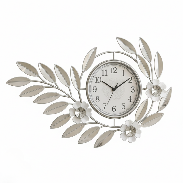 Large Silver Metal Wall Clock, Modern Floral Quartz Decor for Living Room & Home, Analog Decorative Clock-Sona Casa