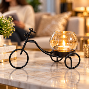 Black Iron Rickshaw Tealight Candle Holder with Glass Cup