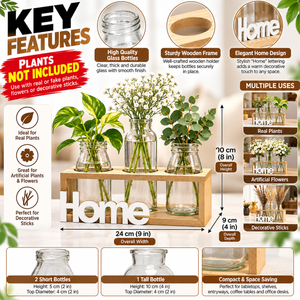 Home Glass Bud Vase Set with 3 Bottles & Decorative Holder, Table Centrepiece, 24 cm