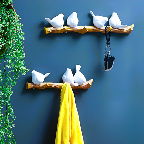 Functional Wall Hanger, White Birds Design, 4 Hooks for Keys, Clothes, Jackets, Purses, Home Decor, Housewarming Gift