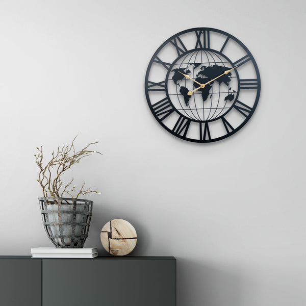 Modern world map metal wall clock, 60 cm, Black, Extra Large Clock by Accent Collection Home Decor