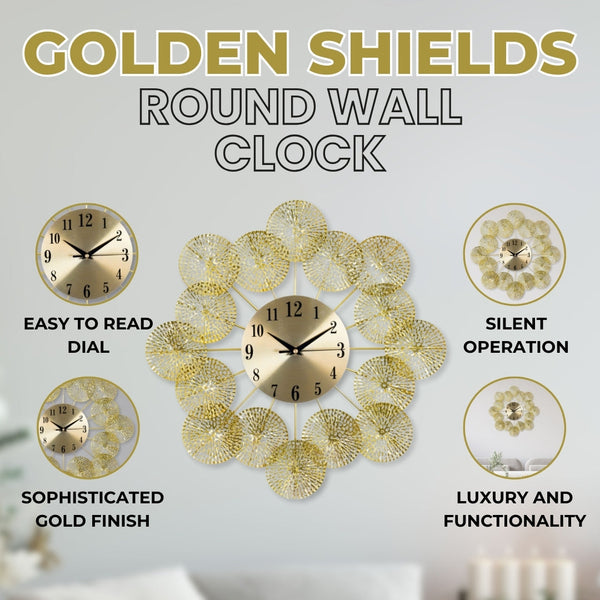 Golden Metal Wall Clock, Round Shields, 45 cm by Accent Collection Home Decor