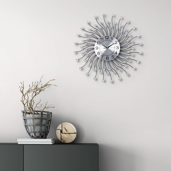Large Sunray Design Wall Clock with Crystals - 60cm Diameter, Silent Movement, Silver by Accent Collection Home Decor