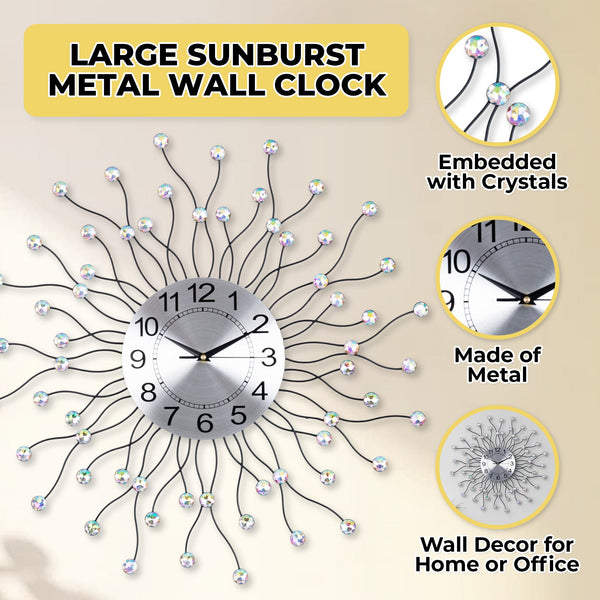 Exquisite 60cm Metal Wall Clock with Unique Sunrays Design and Crystals by Accent Collection Home Decor
