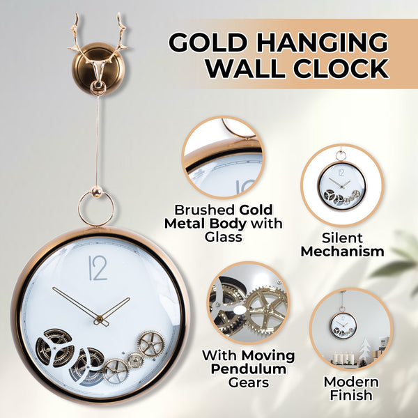 Luxury Wall Clock, Golden with White Dial, Metal Clock with Moving Gears by Accent Collection Home Decor