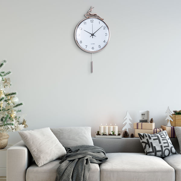 Large pendulum clock with white dial, sleek pendulum, 60 cm high, white face wall clock, detachable deer by Accent Collection