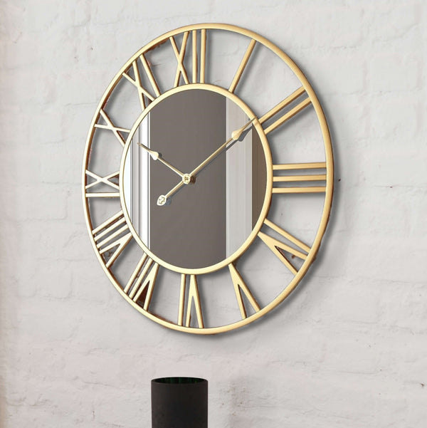 Large golden wall clock with mirror, silent clock, roman clock, heavy metal clock for living room or office