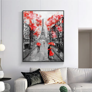 Eiffel Tower Paris Europe Painting, People in the Rain with Red Umbrella Modern Wall Art, Abstract Painting Hand Painted Oil Painting by Accent Collection