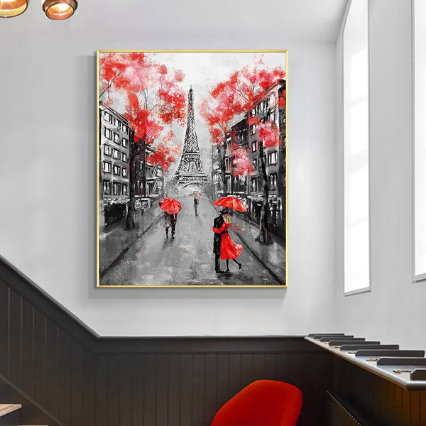 Eiffel Tower Paris Europe Painting, People in the Rain with Red Umbrella Modern Wall Art, Abstract Painting Hand Painted Oil Painting by Accent Collection