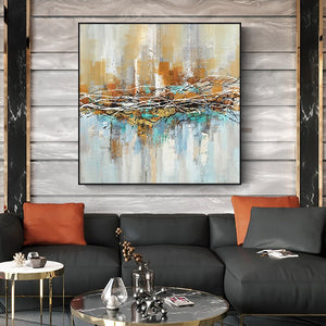 Aura - Cityscape Canvas Art, Textured Abstract City Painting, Original Oil Wall Art for Modern Living Room Decor by Sona Casa