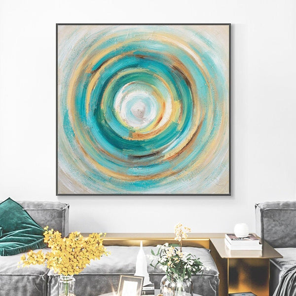 Original Abstract Canvas Art - Green & Blue Circle Oil Painting, Minimalist Wall Decor for Living Room, Unique Housewarming Gift by Accent Collection