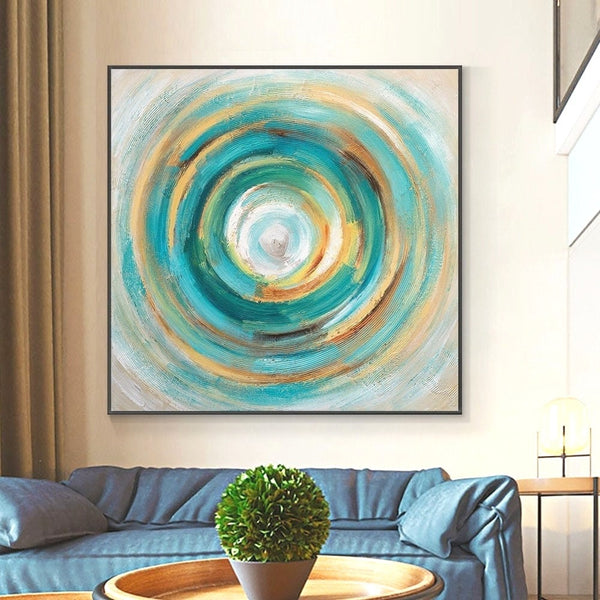 Original Abstract Canvas Art - Green & Blue Circle Oil Painting, Minimalist Wall Decor for Living Room, Unique Housewarming Gift by Accent Collection
