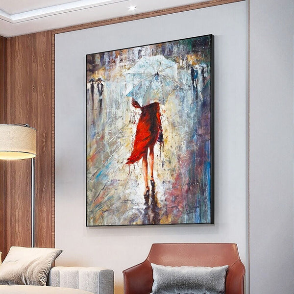 Swag, Accent Painting, Abstract Painting Girl in Red Dress On a Rainy Day, Oil Painting On Canvas, Modern Textured Wall Art, Wall Decor